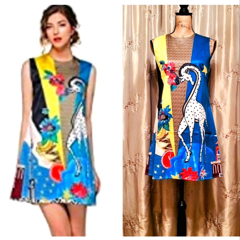 Lai Meng Five Cats, bold colorful satin sheath dress, size 2